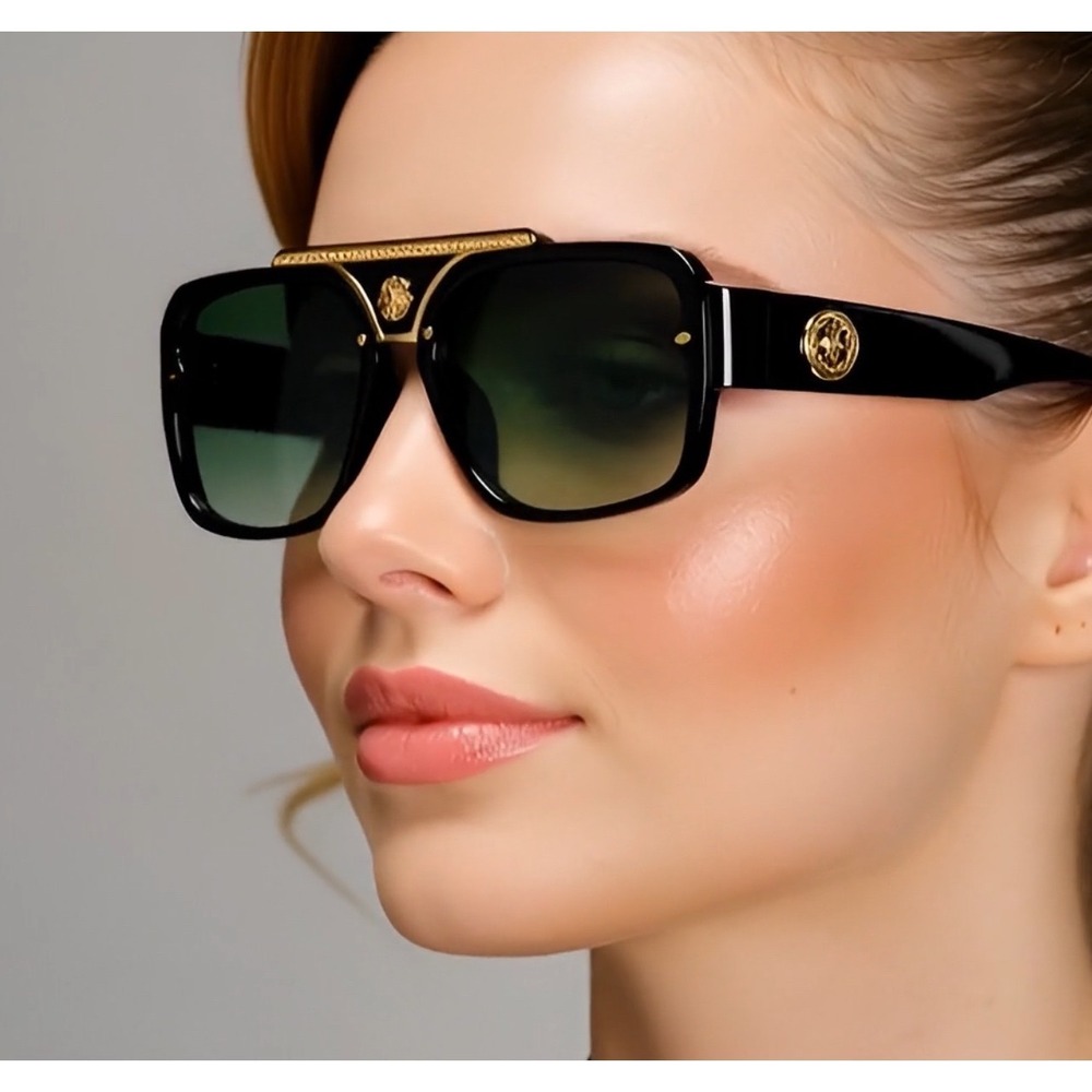 Square Aviator Sunglasses Accents Gold Women Black Frame Fashion Oversized Gafas - Picture 8 of 8